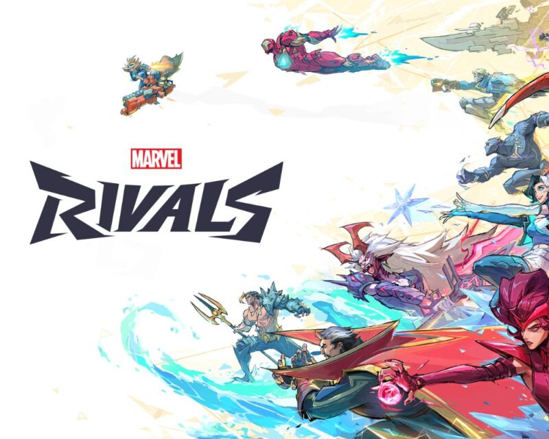 Marvel Rivals - tytuł widoczny jest na białym tle po lewej stronie obrazka, od prawej widzimy sylwetki różnych bohaterów nacierających w kierunku tytułu