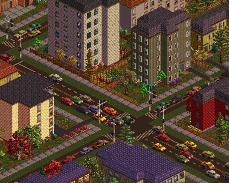 Fragment z gry przedstawiający miasto w stylu pix-art. Oprawa graficzna z lat 90.