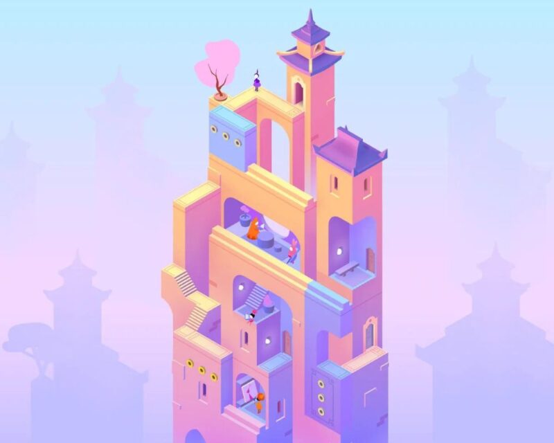 na grafice promującej monument valley 3 widzimy wysoki budynek w pastelowych kolorach, wybija się wysoko nad ląd i jest pełen różnych przejśc między cześciami budynku, w tle pastelowe tlo