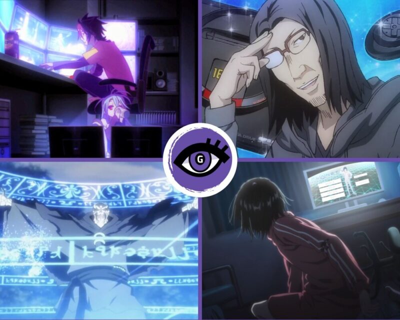 Obrazek przedstawia kolaż dotyczący seriali anime, w których występuje motyw gier. W centrum obrazka widnieje logo portalu grajmerki.pl, a wokół są cztery zrzuty ekranu, które przedstawiają kolejno: rodzeństwo z anime "No Game, No Life" siedzące przy komputerach, jednego z głównych bohaterów anime pod tytułem "Isekai Ojisan", obrazek z rzucaniem zaklęcia z anime "Overlord" oraz głównego bohatera z anime "Good Night World".