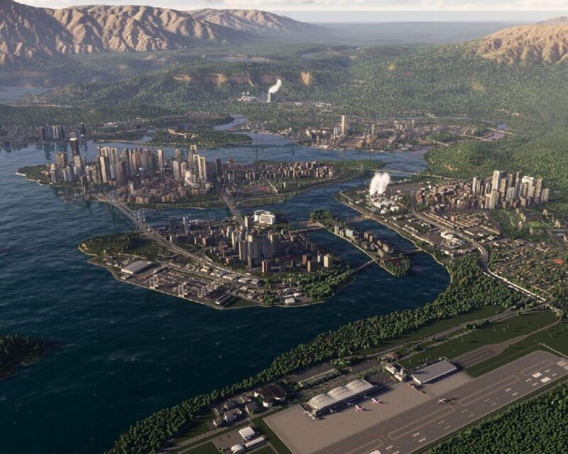 Widok na miasto otoczone jeziorem z gry Cities Skylines 2, roadmapa produkcji wciąż zawiera liczne problemy.