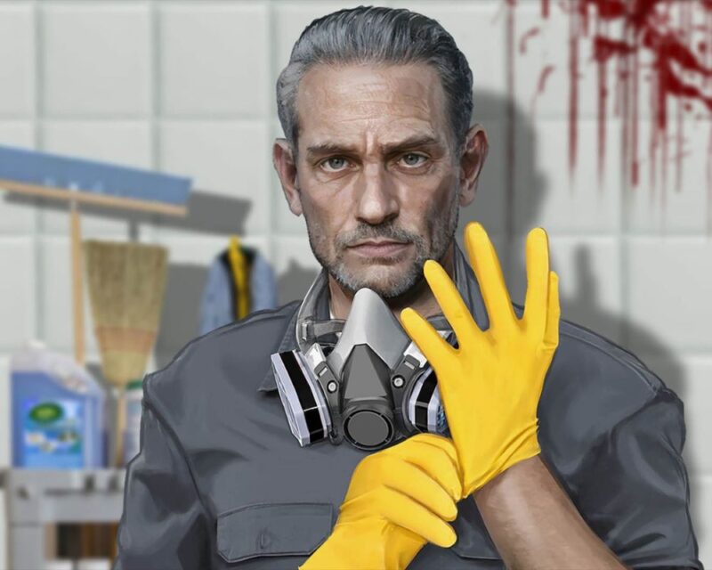 Crime Scene Cleaner, recenzja gry, na obrazku mężczyzna o siwoczarnych włosach, z żółtymi rękawiczkami na rękach, w szarym kombinezonie, za nim kafelki spływające krwią i sprzęt do sprzątania