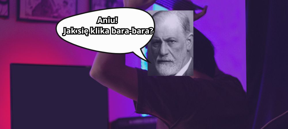 Mem przedstawiający postać gracza z podniesionymi do góry rękoma, z wklejoną twarzą Zygmunta Freuda z podpisem w dymku komiksowym Aniu Jak się klika bara bara?