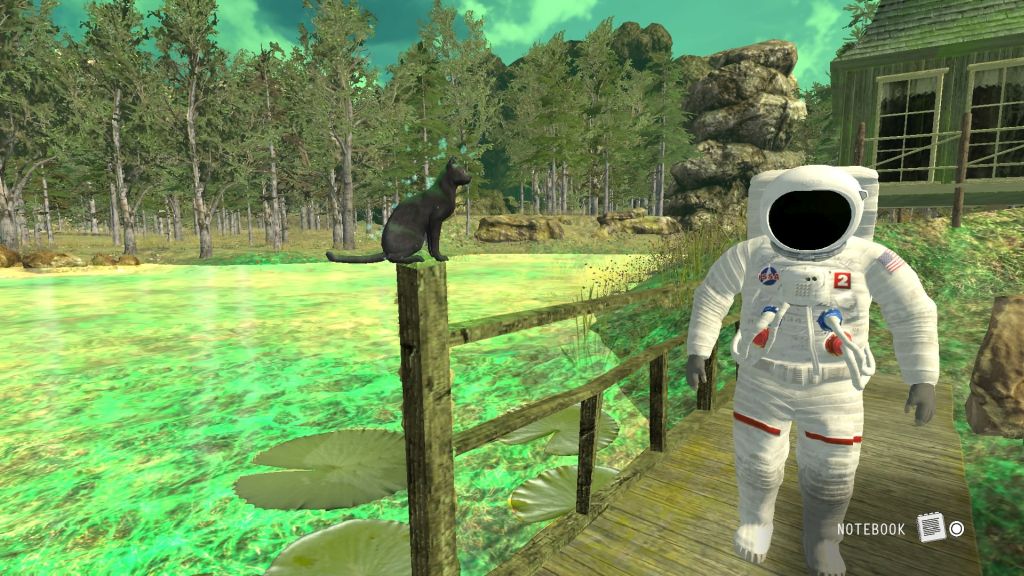 Astronauta jest nad wodą, w tle domek. Obok niego siedzi sobie kot. 
