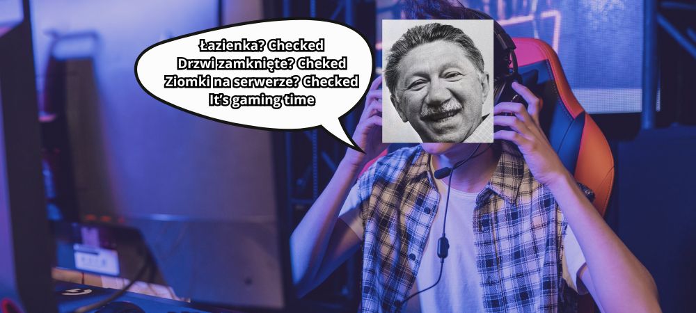 Mem przedstawiający gracza z wklejoną głową Maslowa z dymkiem komiksowym z napisem Łazienka? Checked. Drzwi zamknięte? Checked. Ziomki na serwerze? Checked. It's gaming time.
