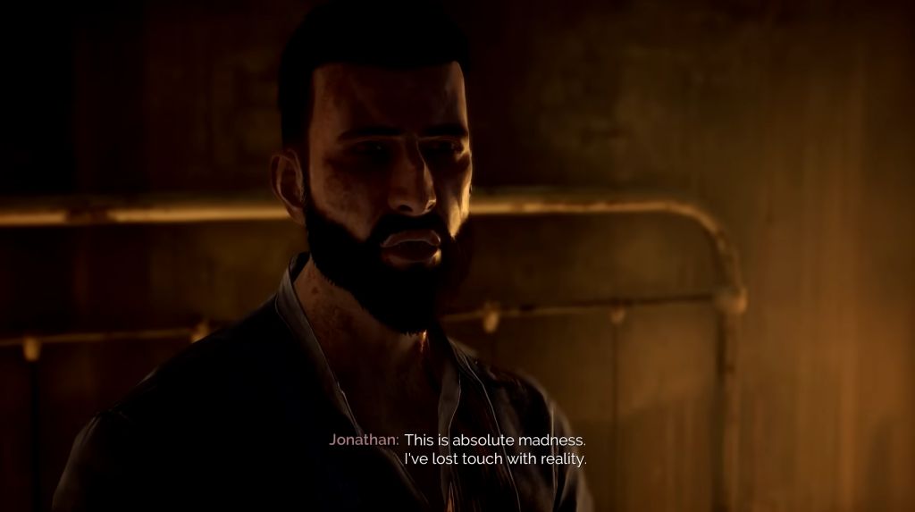 Główny bohater gry w momencie, gdy odkrywa, że został zmieniony w wampira. W tle stare łóżko