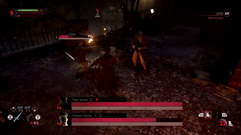 Scena walki. U dołu ekranu jest pasek życia przeciwników, dwóch mężczyzn.