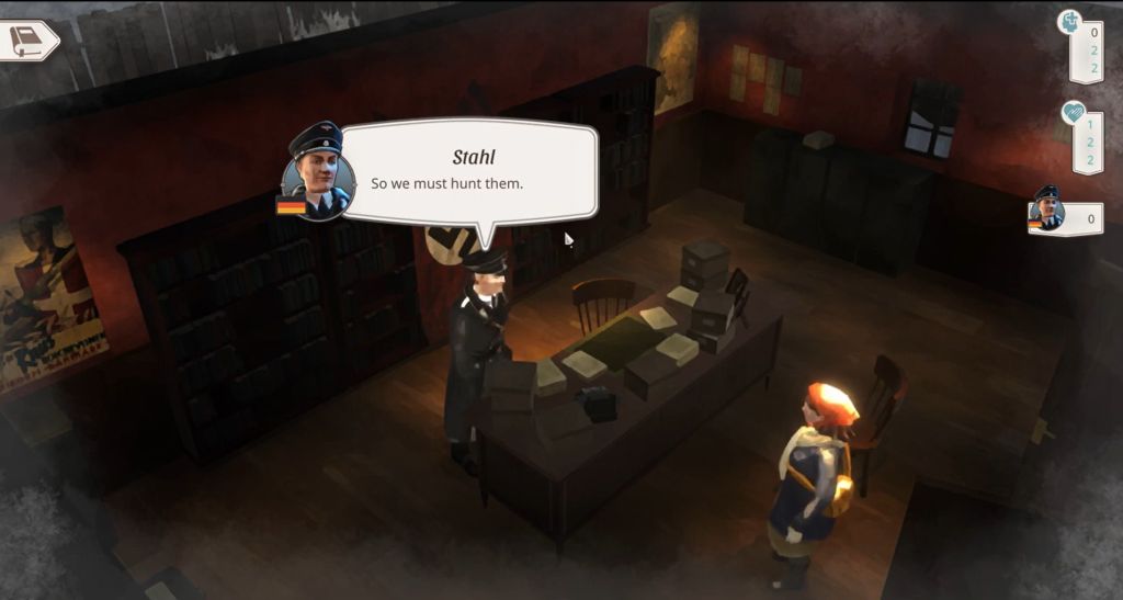 Kobieta znajduje się na posterunku gestapo. Rozmawia z oficerem w mundurze, w pomieszczeniu jest też biurko i dokumenty. 