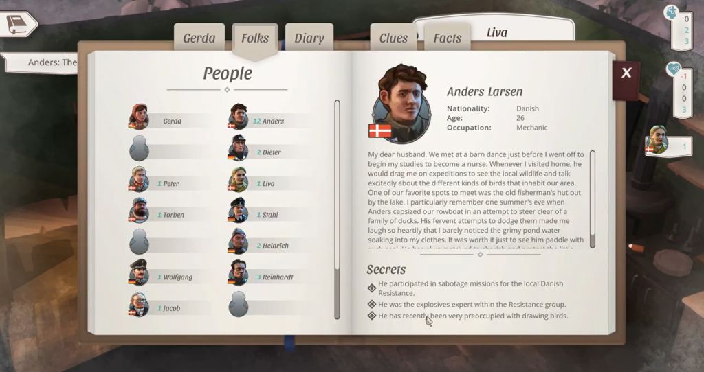 Dziennik bohaterki - wpis dotyczący męża głównej bohaterki, na drugiej ze stron sylwetki postaci z gry