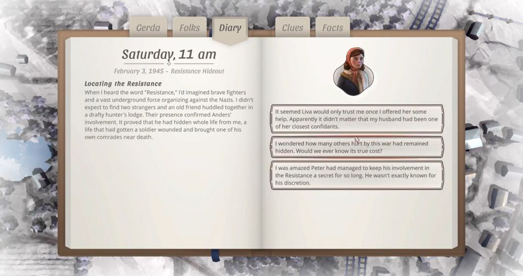 Strony dziennika głównej bohaterki. Z jednej strony jest jej relacja z danego dnia, a z drugiej jedna z opcji, którą może wybrać gracz. 