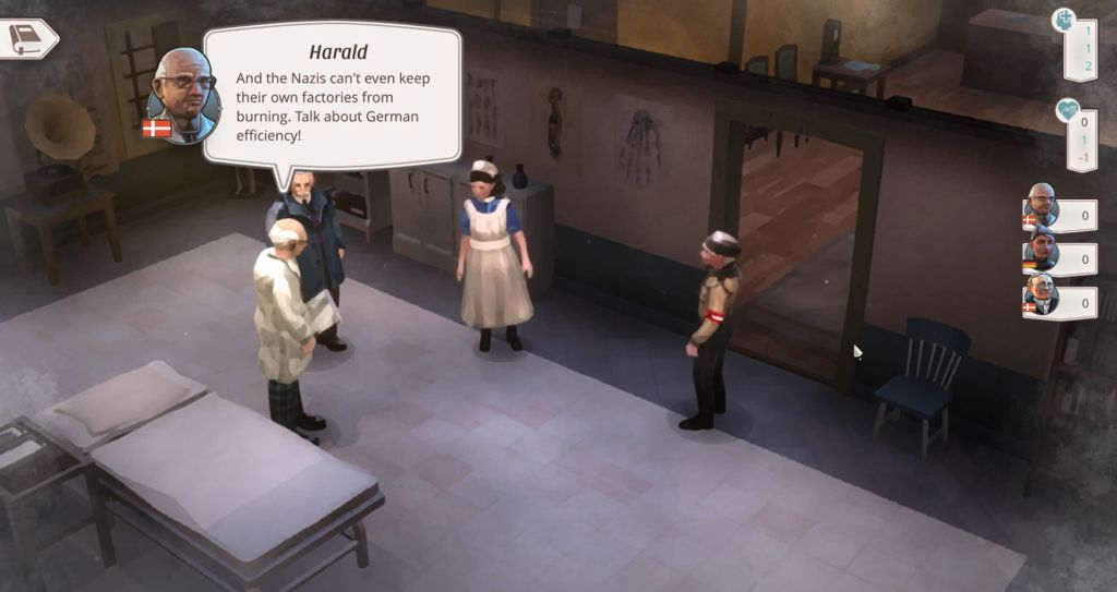 Szpital. Lekarz rozmawia z pielęgniarką oraz okupantami. Obok łóżko szpitalne, krzesła, gramofon.