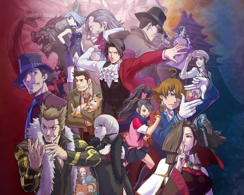 grafika promująca grę Ace Attorney Investigations Collection, widzimy na niej większość postaci z gry, w centrum główny bohater – mężczyzna w bordowym garniturze, czarnej kamizelce i białej bufiastej chuście na szyi, ma ciemnoszare włosy i jest w trakcie zakładania marynarki