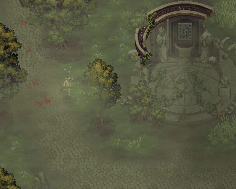 Zrzut ekranu z gry Drova – Forsaken Kin. Rzut izometryczny na las pokryty mgłą i ruinami budynku przez który przedziera się postać. Całość utrzymana w grafice pixelart.