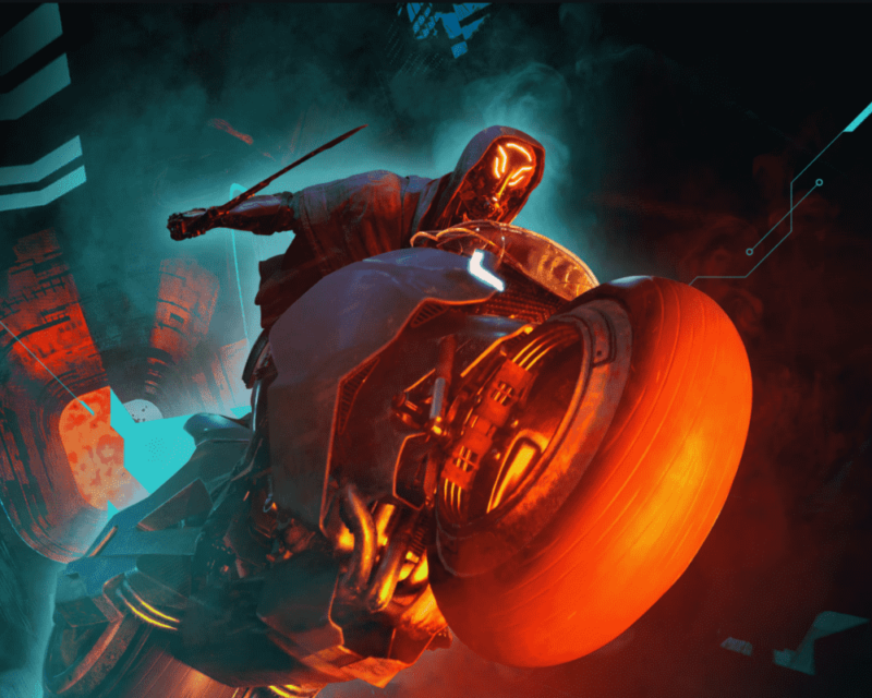 Grafika z gry Ghostrunner 2 przedstawiająca postać w masce jadącą na motocyklu