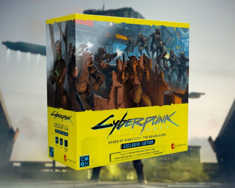 gra planszowa Cyberpunk 2077, widzimy na obrazku pudełko w zółtych barwach z tytułem gry