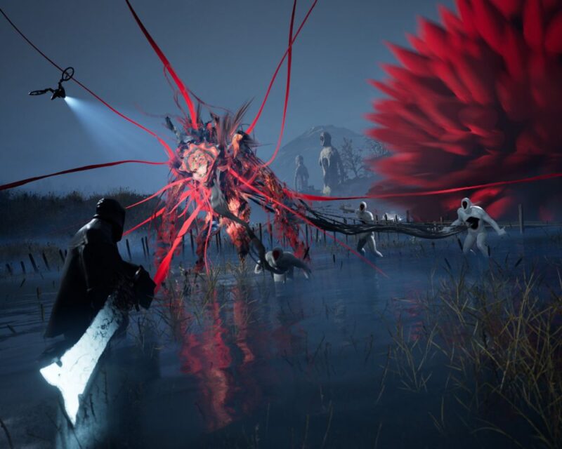 grafika z gry Hell is Us, przedstawia mężczyznę w ciemnym stroju z dużym srebnym mieczem, przed nim stoją dziwne potwory bez twarzy i z dziurami na środku brzucha, z których wypływa czerwony płyn i formuje się w dużą kulę na środku, z prawej strony obrazka widać dziwne kolczaste czerwone koło