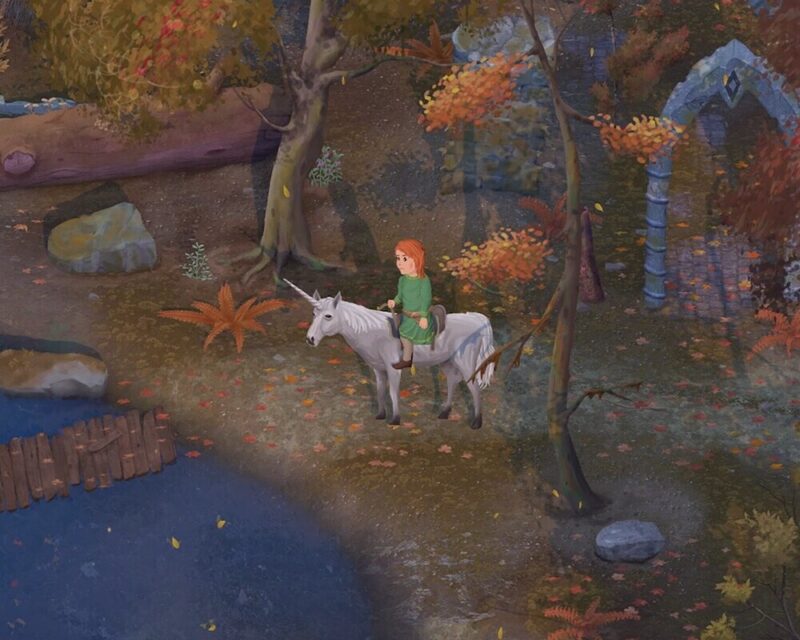 Grafika z gry Mirthwood przedstawiajaca postać siedzącą na jednorożcu w jesiennej okolicy