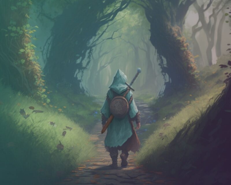 Grafika z gry Mirthwood przedstawiająca postać w pelerynie i kapturze idącą przez las