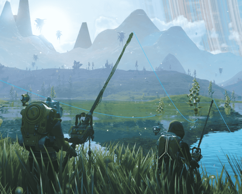 Grafika z gry No Man's Sky przedstawiająca dwie postacie łowiące ryby