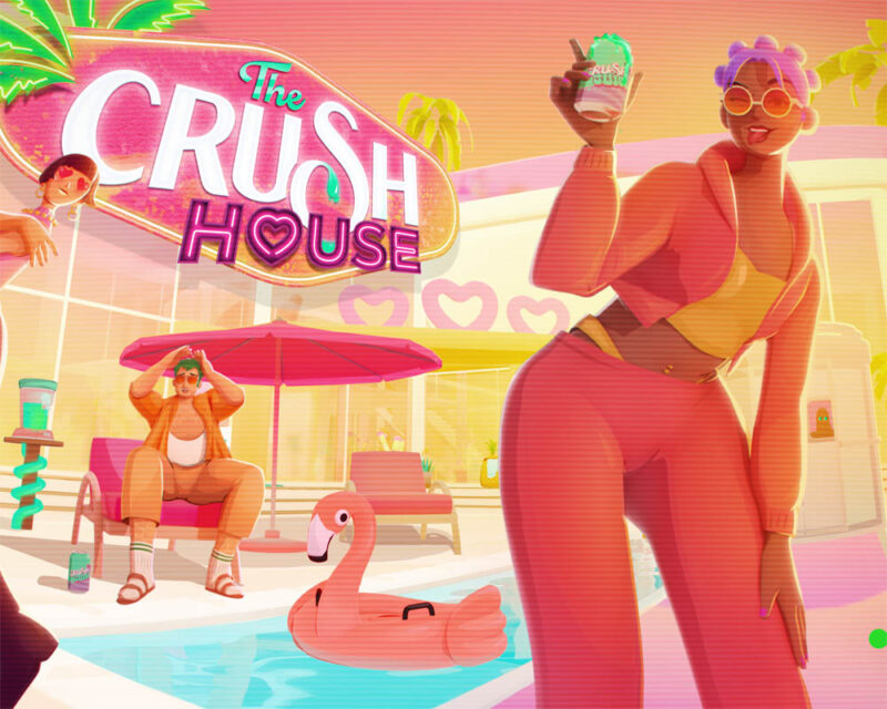 Grafika promująca grę The Crush House. Widzimy tytułowy dom, czyli willę z wielkim neonowym napisem „The Crush House”. Przed domem znajduje się basen przy którym spędzają czas główne postacie.