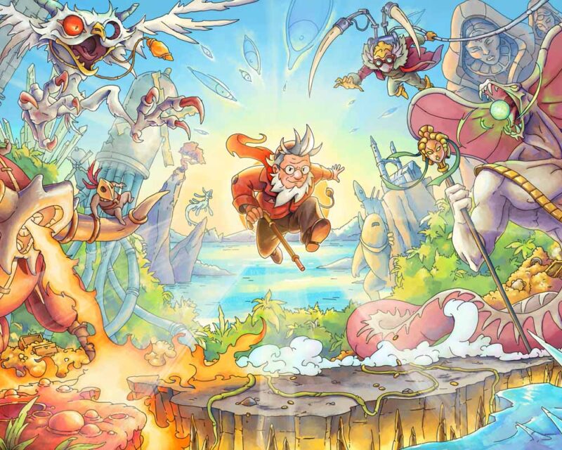 Grafika promująca grę The Eternal Life of Goldman. Ręcznie rysowana ilustracja w komiksowym stylu. Starszy mężczyzna z laską uchwycony w trakcie skoku. Otaczają go różne potwory, strzegące skarbów. W tle kawałek wyspy, ruiny i woda.