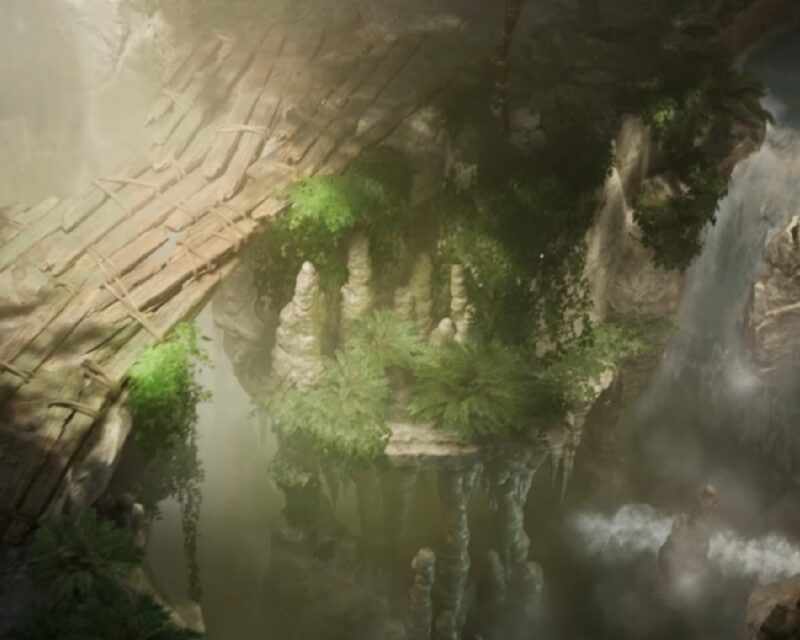 Fragment zapowiedzi rozgrywki Titan Quest II, którego 40-minutowy gameplay zaprezentowano na Gamescom 2024, dziki krajobraz, muśnięty słońcem drewniany most wśród wzniesień i pnączy.