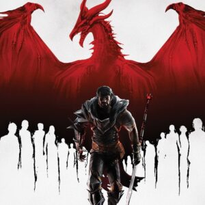 Grafika z gry Dragon Age II. Na białym tle widać zarys czerwonego smoka. Na dole stoją białe figury bliżej nieokreślonych ludzi. Na środku widać postać mężczyzny w pancerzu. Idzie w stronę widza, ma zdeterminowaną minę.