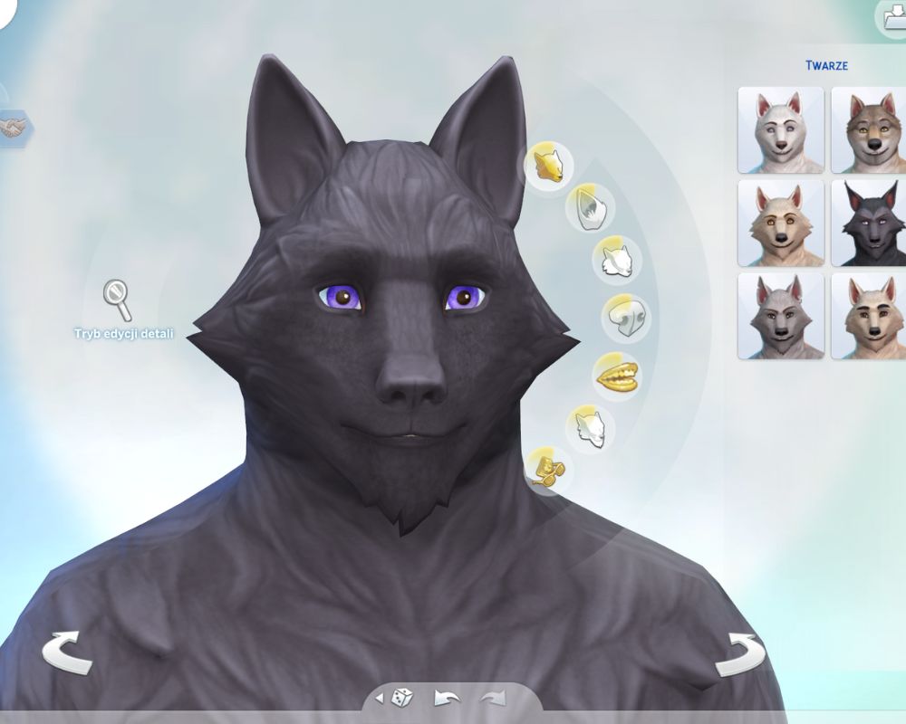 The Sims 4: Wilkołaki - wilkołak w trybie tworzenia postaci, z boku kilka ikonek pozwalających wybrać kształt tego twarzy