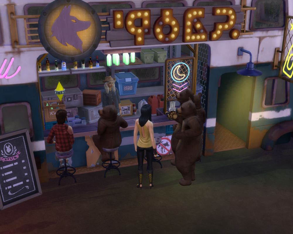 Bar w świecie wilkołaków z neonowymi napisami. Przed barem ludzie przebrani w stroje misiów