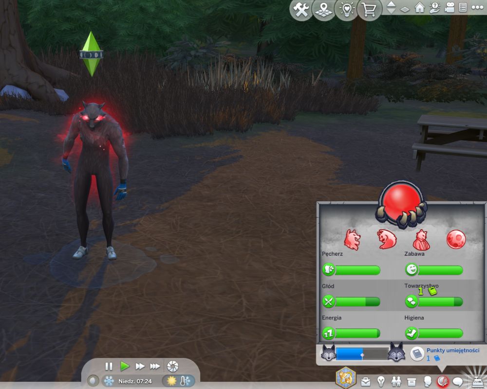 Postać wilkołaka stojąca nieopodal lasu, wokół niej rozpościera się czerwona aura - furia