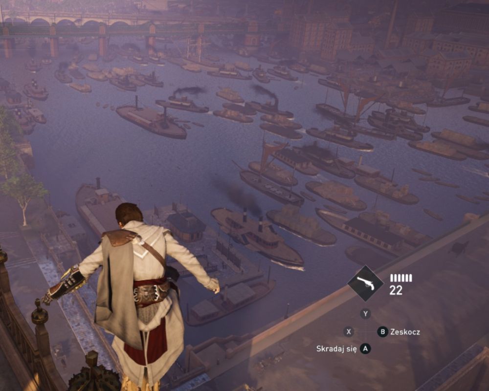 Mężczyzna, zabójca patrzy z wysokości na rzekę pełną statków.