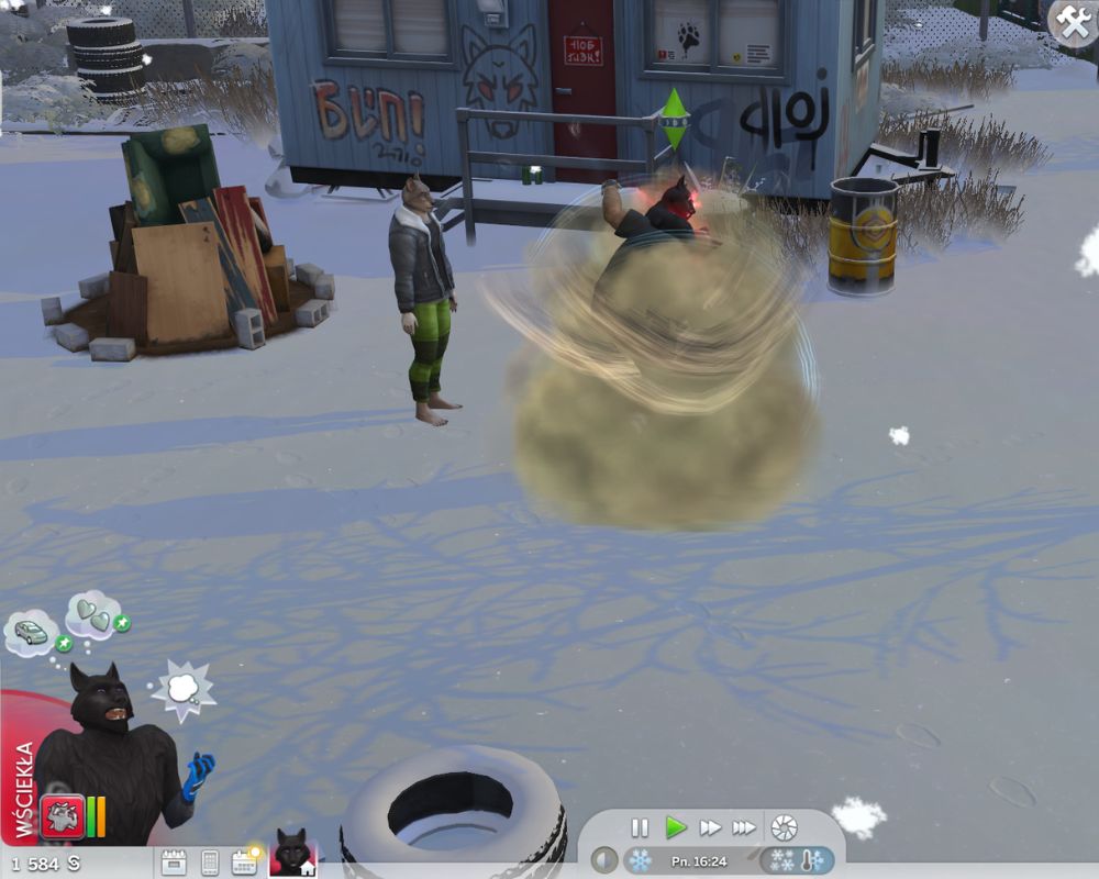 Bójka wilkołaków, w pobliżu widać przyczepę mieszkalną, porzuconą oponę i stos śmieci na ognisko