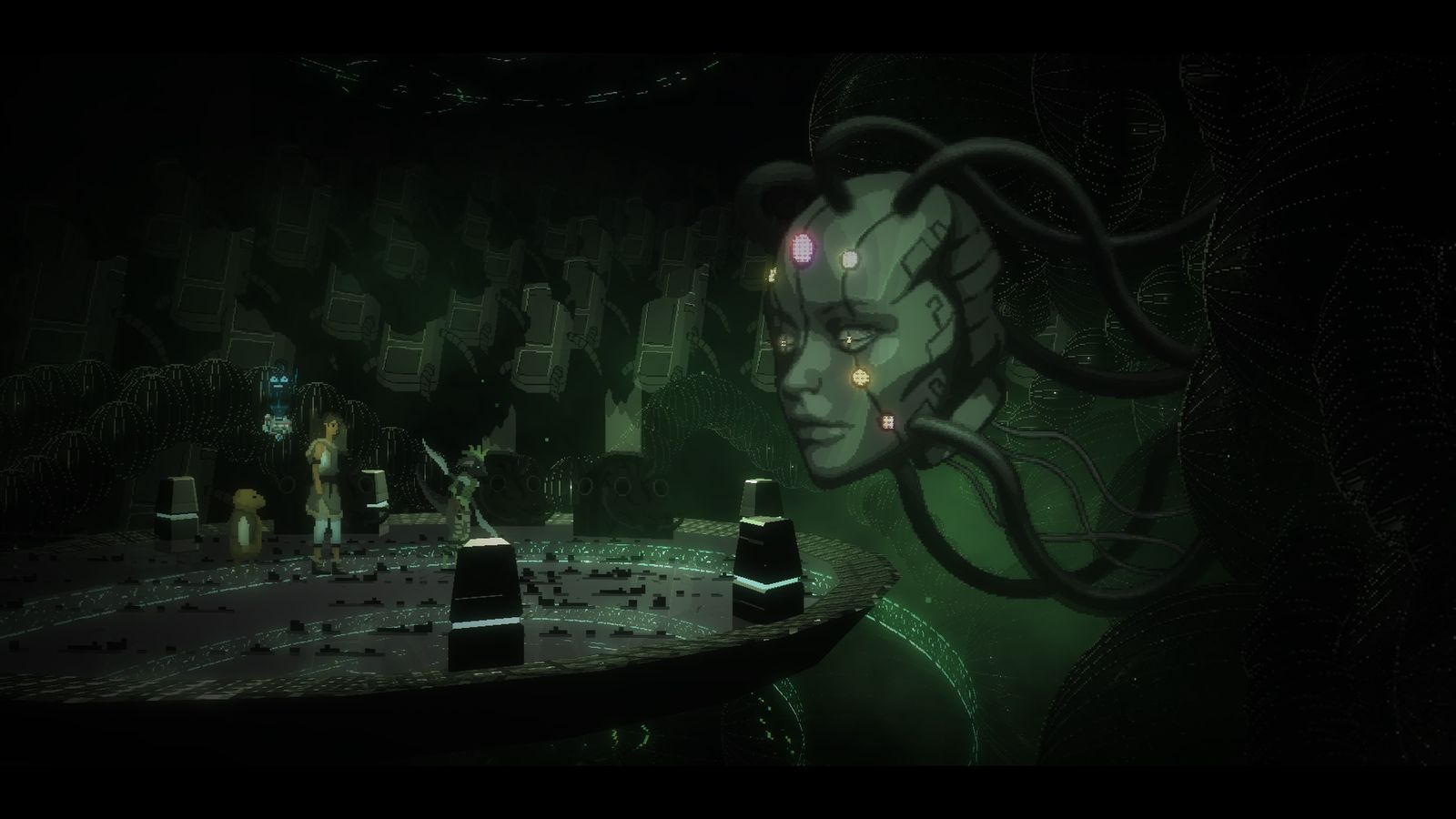 Na grafice promującej Beyond Galaxyland widać trójkę bohaterów walczących z wielką mechaniczną głową. Pole walki to platforma, wnętrze skąpane jest w zielonym świetle.