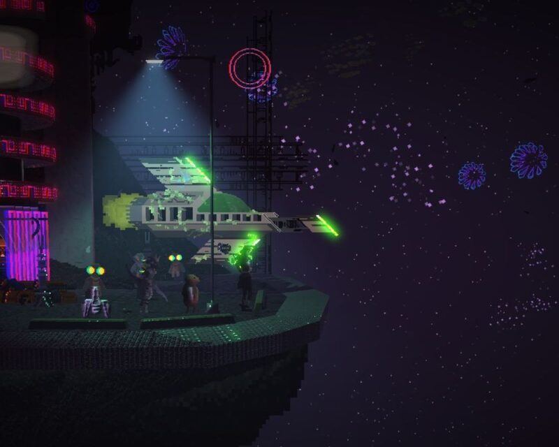 Grafika promująca grę Beyond Galaxyland przedstawia bohaterów stojących przy swoim statku, w tle nocne niebo.