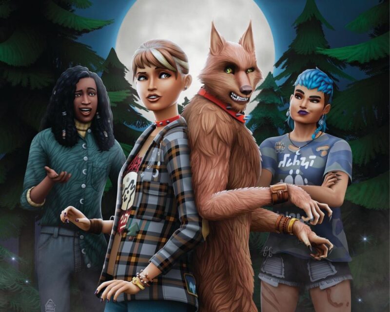 The Sims 4 wilkołaki, na obrazku widzimy 4 postaci, z przodu stoi dziewczyna i stykający się z nią plecami brązowy wilkołak, po ich bokach stoją dwie osoby, w tle widać pełnię księżyca