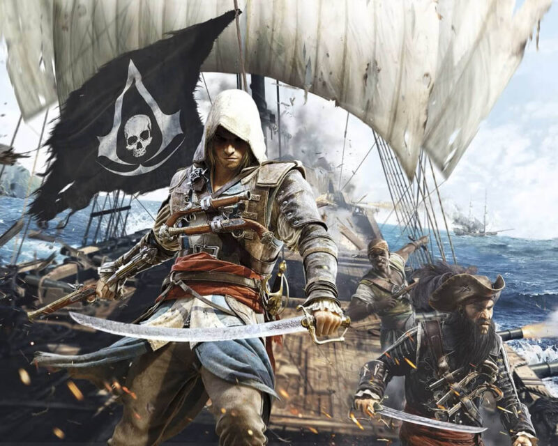 Grafika promująca grę Assassin’s Creed 4: Black Flag. Protagonista, Edward Kenway, a w tle za nim piracki statek podczas bitwy morskiej.