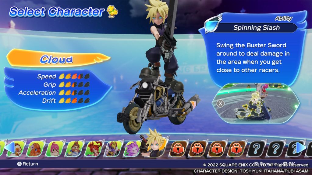 Wybór postaci przed wyścigiem. Blondyn z dużym mieczem na motocyklu, obok jego statystyki, u dołu miniaturki innych bohaterów. 