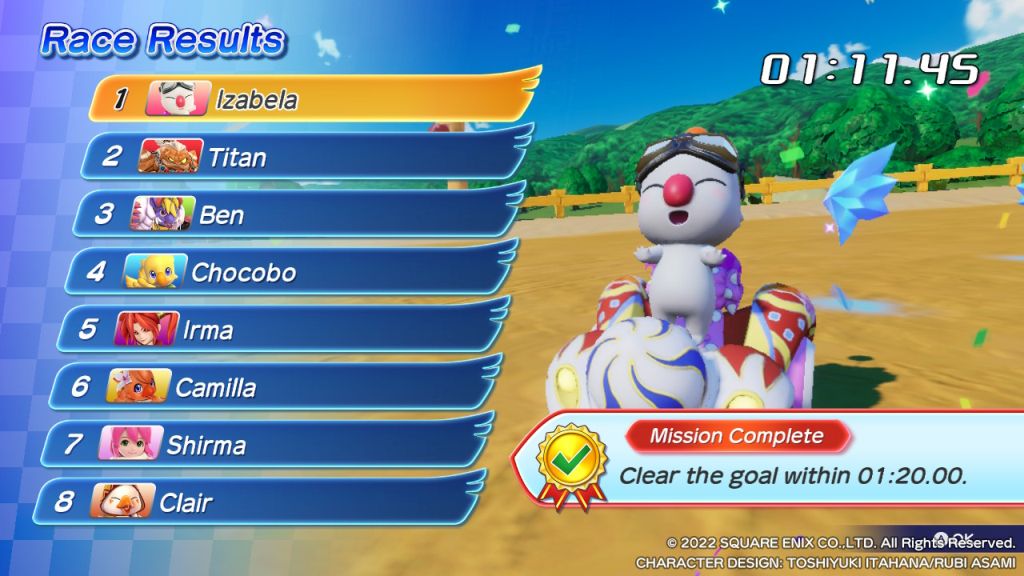 Lista uczestników wyścigu z miejscem, które zajęli. Po prawej stronie stworek moogle w okularach na czole, w swoim samochodzie oraz informacja o wykonanym zadaniu.