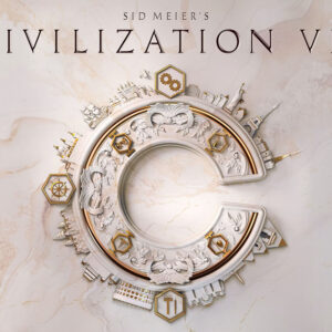 Logo Civilization 7. Pozłacana litera C wykuta w marmurze, przedstawiająca różne epoki dziejów ludzkości.