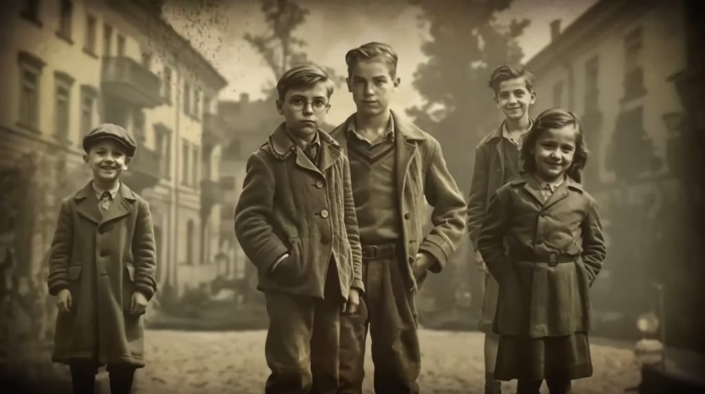 Grupka dzieci na wojennej fotografii. Chłopiec w berecie, w okularach, jednak dziewczynka. W tle budynki warszawskie.