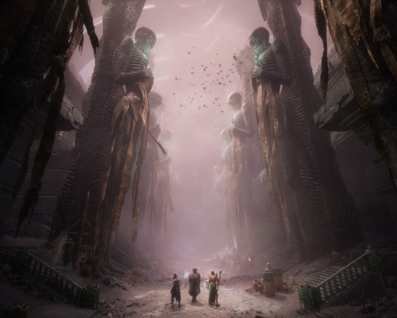 Bohaterowie Dragon Age: The Veilguard idący ulicą opustoszałych ruin, otoczeni przez strzegące ich, tonące we mgle gigantyczne posągi: dostaliśmy nowy zwiastun rozgrywki przed premierą.