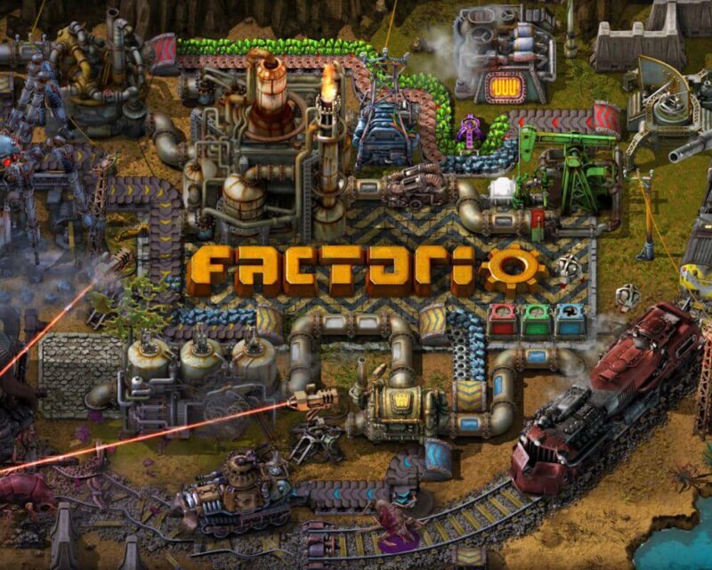 okładka gry z factorio z tytułem produkcji przedstawiająca fabryke