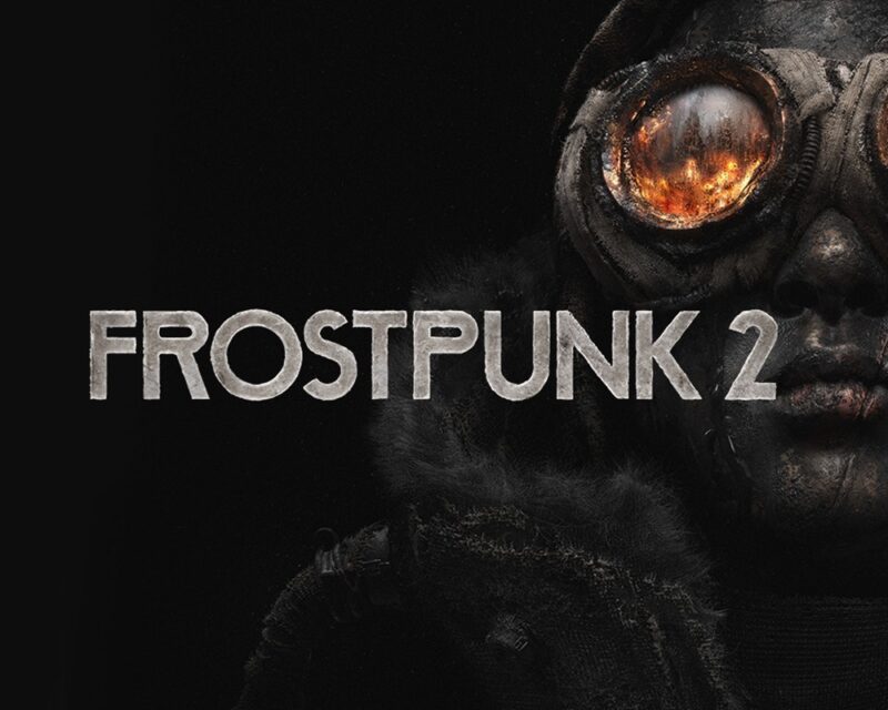 Człowiek w goglach na czarnym tle z napisem Frostpunk 2 przed sobą