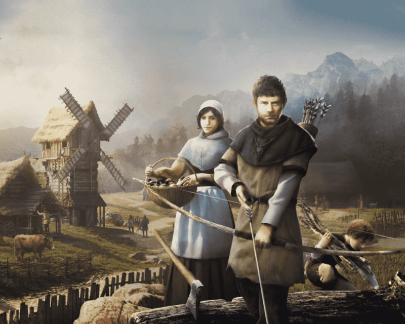 Grafika z gry Medieval Dynasty przedstawiająca kobietę i mężczyznę w średniowiecznych strojach