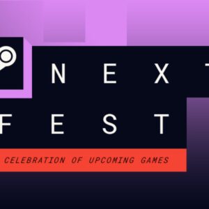 obrazek promujący Festiwal Dem Steam w październiku 2024, widzimy białe litery na czarnym tle, składające się w Next Fest, w lewym górnym rogu jest logo steama, a całość jest utrzymana w ciemnofioletowej stylistyce