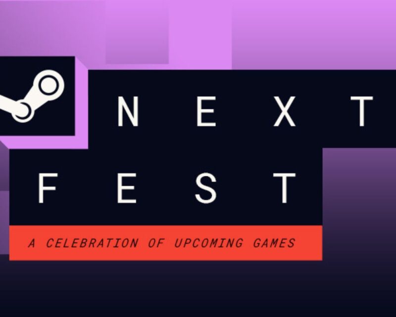 obrazek promujący Festiwal Dem Steam w październiku 2024, widzimy białe litery na czarnym tle, składające się w Next Fest, w lewym górnym rogu jest logo steama, a całość jest utrzymana w ciemnofioletowej stylistyce