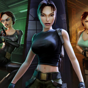 Grafika promująca grę Tomb Raider 4-6 Remastered. Obrazek przedstawia trzy modele Lary Croft pochodzące z części The Last Revelation, Chronicles i The Angel of Darkness.