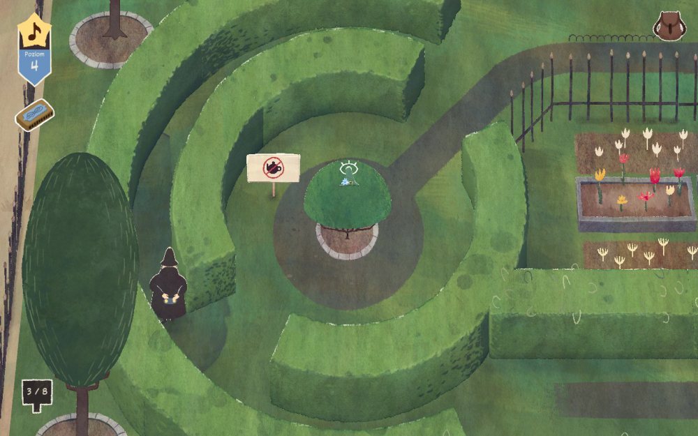 Grafika z gry "Włóczykij: Melodia Doliny Muminków" przedstawiająca labirynt w ogrodzie i przechadzającego się po okolicy policjanta.