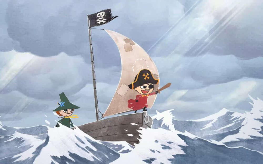 Mała Mi i Włóczykij na łódce pirackiej. Na pierwszym planie widzimy wzburzone fale.