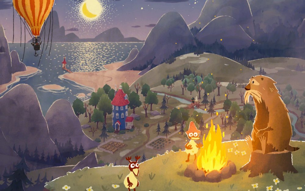 Widok na Dolinę Muminków i dom z czerwonym dachem. Screen ilustrujący recenzję gry "Włóczykij: Melodia Doliny Muminków"